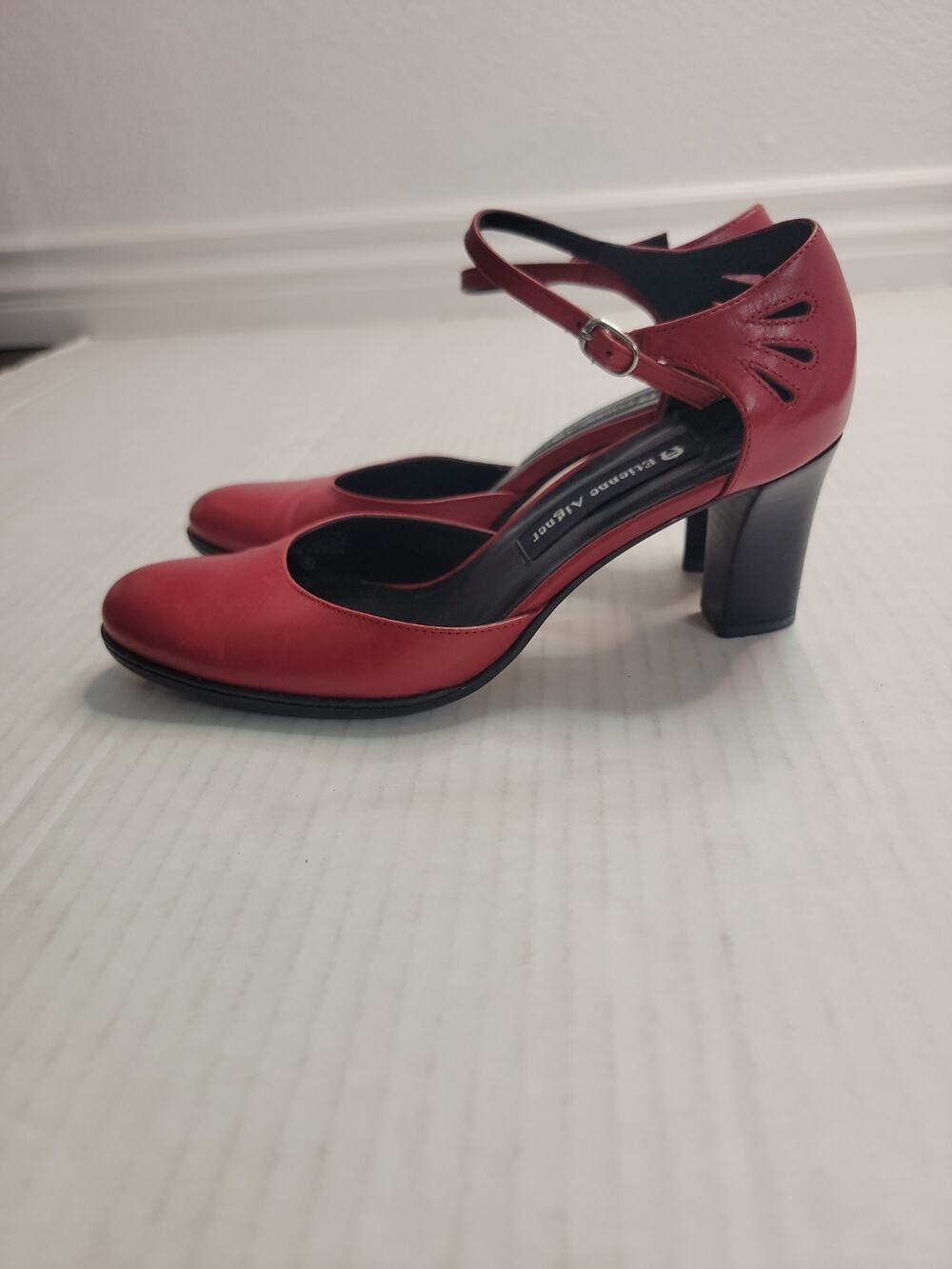 Etienne Aigner RED Leather Closed Toe Heels Pumps 7 M Ankle Strap Cutout